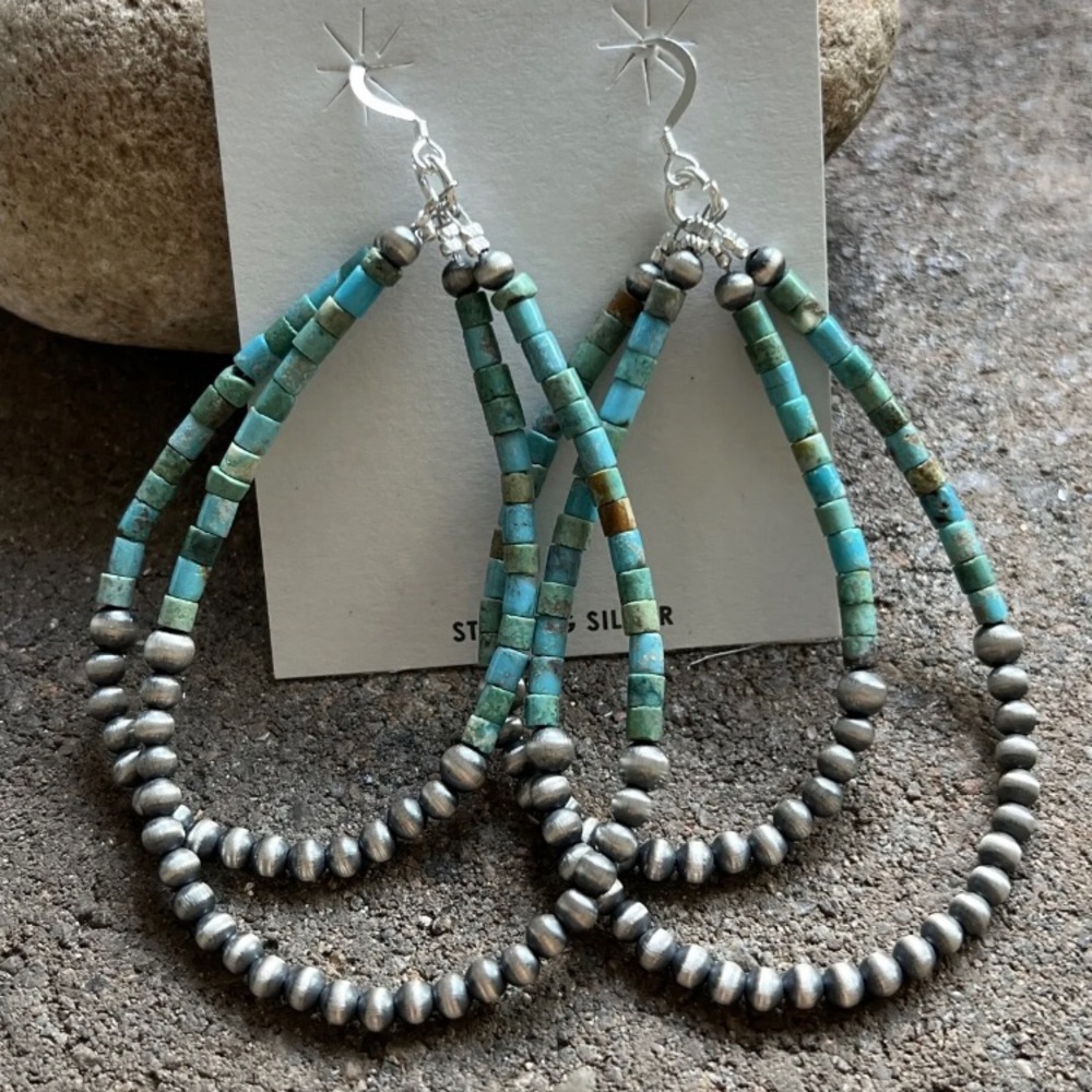 Sterling Silver Double Loop Turquoise Pearls Earr… - image 7